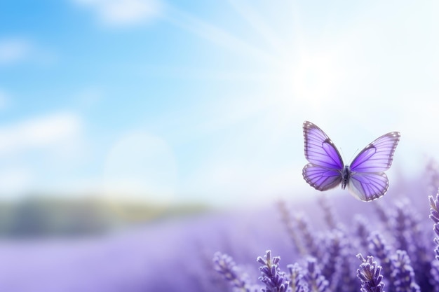 Bellas mariposas y flores silvestres de primavera en el campo a la luz del sol