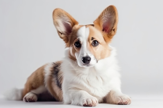 Bellas y realistas galesas corgi cardigan lindo perro peludo cachorro animales divertidos en fondo blanco con espacio de copia