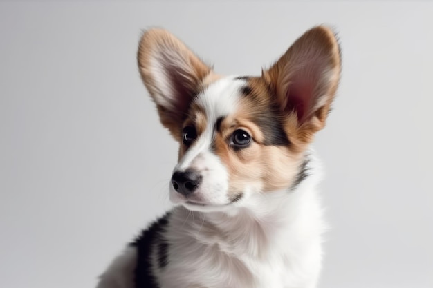 Bellas y realistas galesas corgi cardigan lindo perro peludo cachorro animales divertidos en fondo blanco con espacio de copia