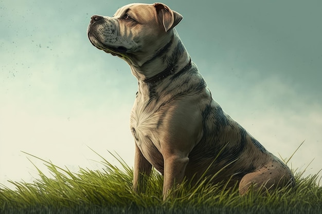 Bellender Hund, der auf Grasseitenansicht sitzt