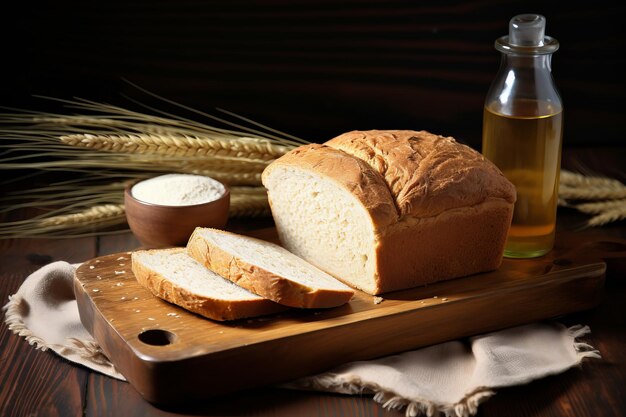 La belleza abundante delicioso pan de trigo delicadamente exhibido en una bandeja de bambú rústica acentuada por un