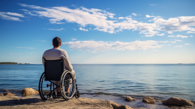belleza de la accesibilidad con una imagen de un hombre sentado en una silla de ruedas disfrutando de una vista serena del mar desde atrás