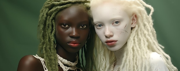 Foto belleza africana cautivadora de primer plano de modelos de piel albino y verde con dreadlocks con 32k seguidores