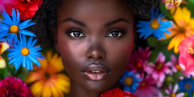 Belleza africana Una mujer rodeada de flores vibrantes Fotografía de retrato conceptual Tema de la naturaleza Recursos coloridos Belleza en la diversidad Fondo floral
