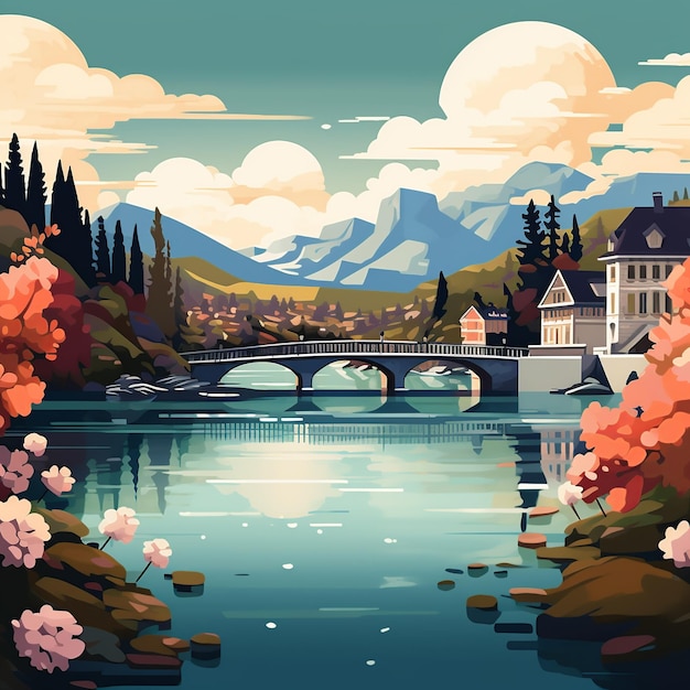 La belleza alpina de Annecy El lago Palais de l'Isle y los puentes florales Ilustrado