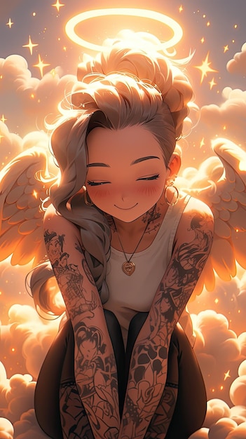 Belleza angelical tatuada desde arriba en la nube con halo de gafas de sol y alas radiantes