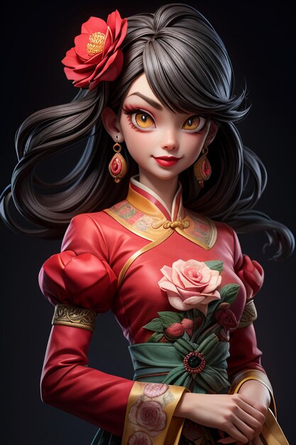 La belleza asiática china oriental con ropa clásica roja sosteniendo flores al estilo de anime de dibujos animados