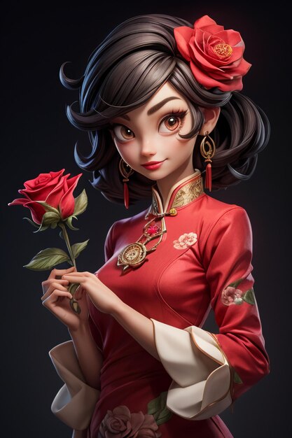 La belleza asiática china oriental con ropa clásica roja sosteniendo flores al estilo de anime de dibujos animados