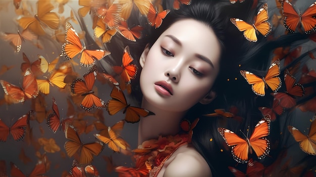 Belleza asiática con pinceles de mariposa de maquillaje y dulces.