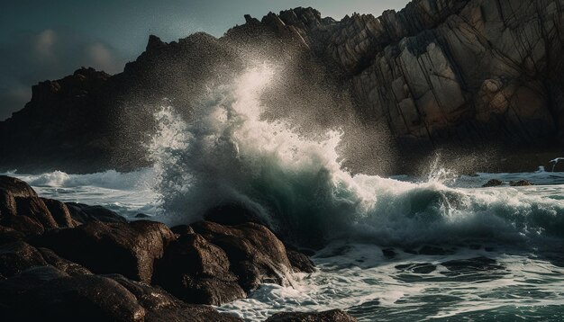 Belleza del atardecer en la naturaleza olas rompiendo rocas rociando paisajes marinos generados por inteligencia artificial