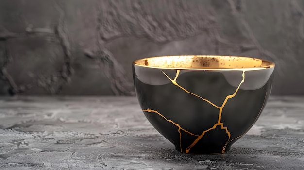 La belleza atemporal taza de té Kintsugi negra y dorada en superficie de piedra