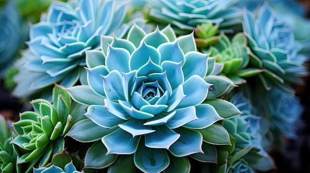 Belleza botánica Primer plano de la planta suculenta Echeveria con hojas de color verde azul que muestran el follaje vibrante y las texturas intrincadas