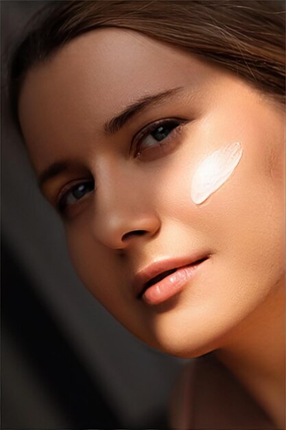 Belleza bronceador spf y cosméticos para el cuidado de la piel modelo cara retrato mujer con crema hidratante producto de protección solar o loción bronceadora en la mejilla anuncio de cuidado facial y de la piel de lujo