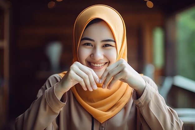 La belleza cautivadora El gesto sincero de una mujer asiática con hijab en el tradicional Bati indonesio