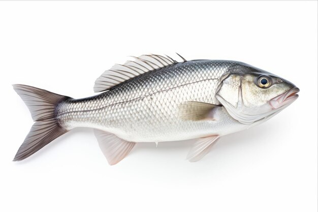 Foto la belleza cautivadora de un pescado de mar virgen graciosamente aislado sobre un fondo blanco puro