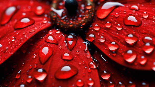 Belleza cautivadora Un primer plano de una flor roja que brilla con gotas de agua GenerativeAI