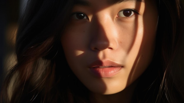 Foto la belleza chiaroscuro joven mujer asiática con la cara mitad iluminada por el sol mitad en la sombra xa