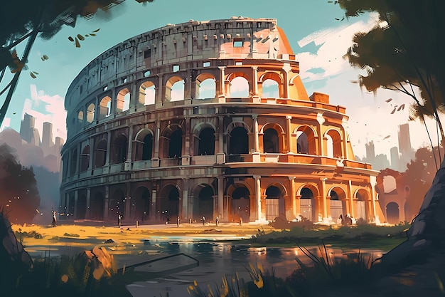 La belleza del Coliseo en la antigua ilustración de arte digital de Roma