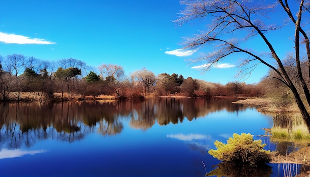 Belleza colorida de la naturaleza reflejada en un estanque tranquilo generado por IA