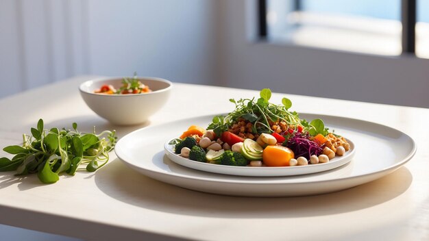 belleza de la comida a base de plantas mediante la captura de una instantánea de un plato de comida vegetariana en un wo blanco brillante