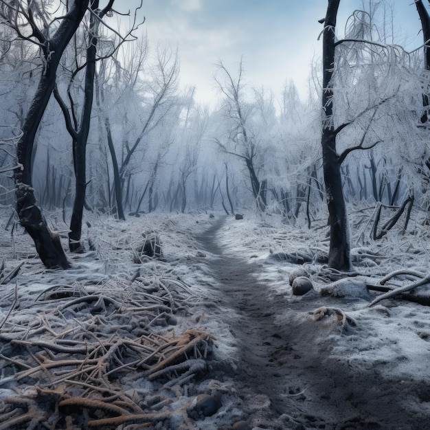 Foto la belleza congelada un viaje surrealista a través de un bosque quemado