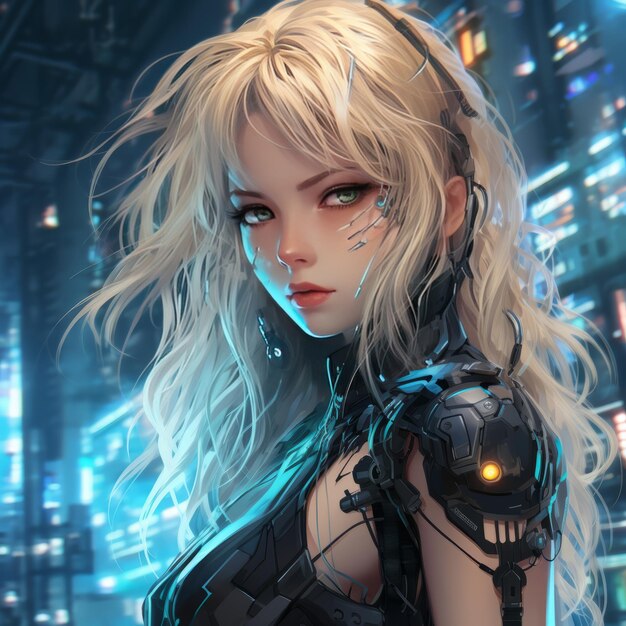 Belleza Cyberpunk rubia Dibujo en estilo animado de una chica cibernética con ojos azules