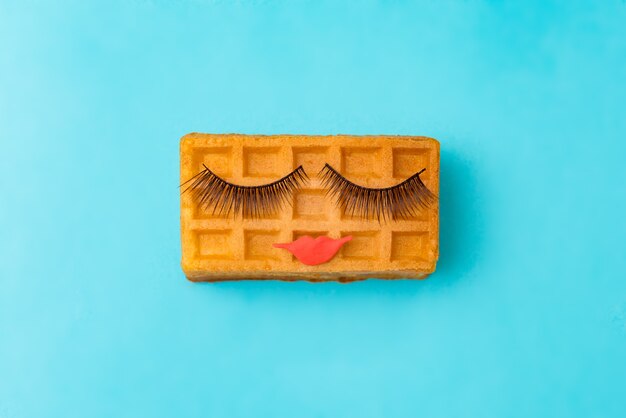 Belleza dulce waffle vienés con maquillaje sobre fondo azul.