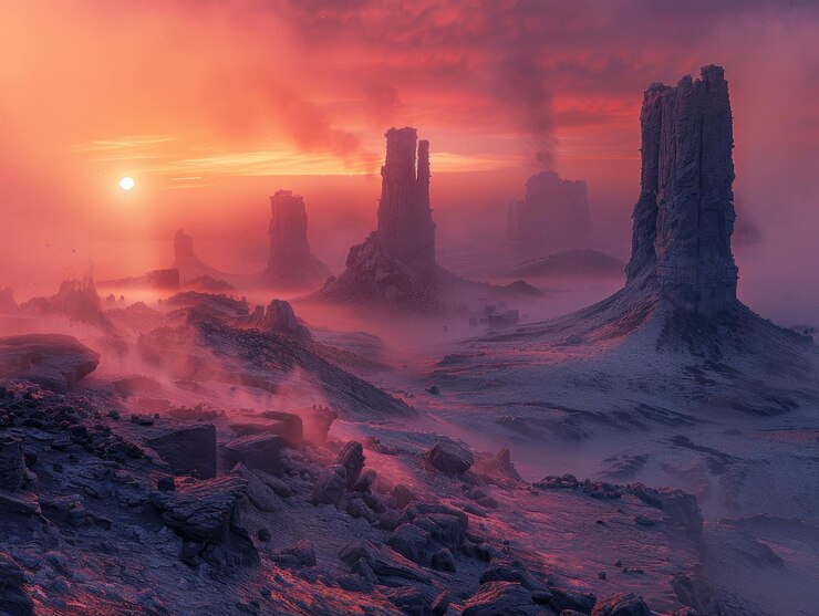 La belleza dura del desierto estéril bañado en la suave luz del amanecer revela el terreno traicionero y oculto