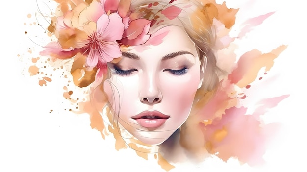 Belleza elegante rostro femenino ojos cerrados flor rosa suave flor acuarela pintura arte ilustración Generativa Ai