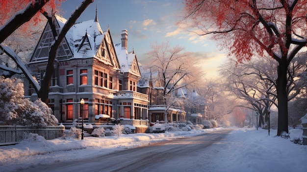 la belleza encantadora del invierno en el corazón de la ciudad la serenidad de las zonas urbanas cubiertas de nieve prístina destacando las maravillas arquitectónicas y las calles adornadas por un abrazo nevado