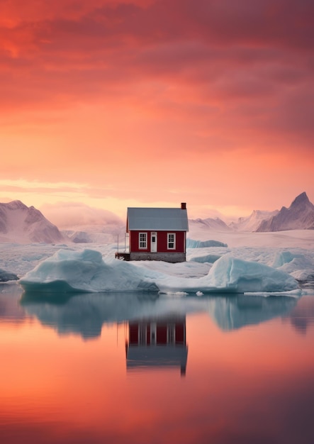 La belleza enigmática del pasaje silencioso de una cabaña negra en un iceberg en medio de los cielos ardientes de Groenlandia