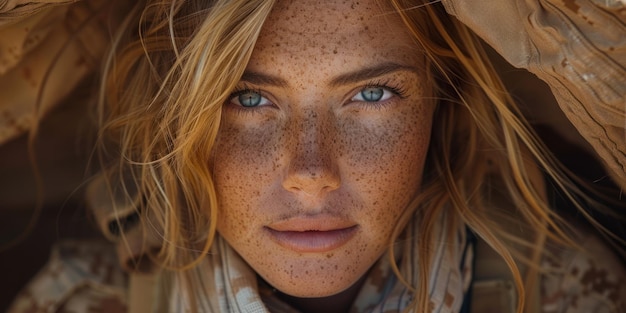 La belleza etérea, el cabello peciloso y los ojos azules