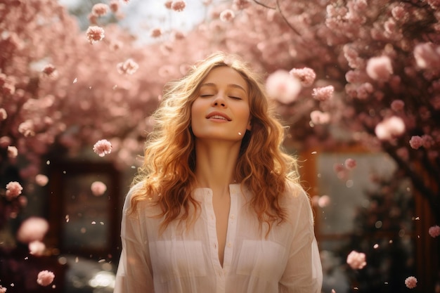 La belleza etérea de la mujer en medio de las flores de cerezo