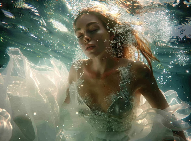 La belleza etérea de una mujer en un vestido blanco flotando bajo el agua