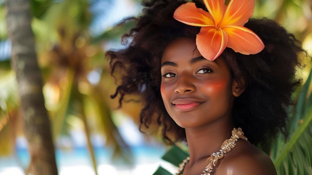 Belleza exótica mujer negra impresionante contra un fondo de palma tropical y playa