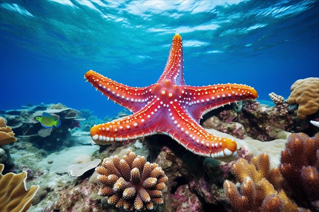 Foto la belleza exótica reveló a neoferdina offret, la impresionante estrella de mar tropical que prospera en medio del coral