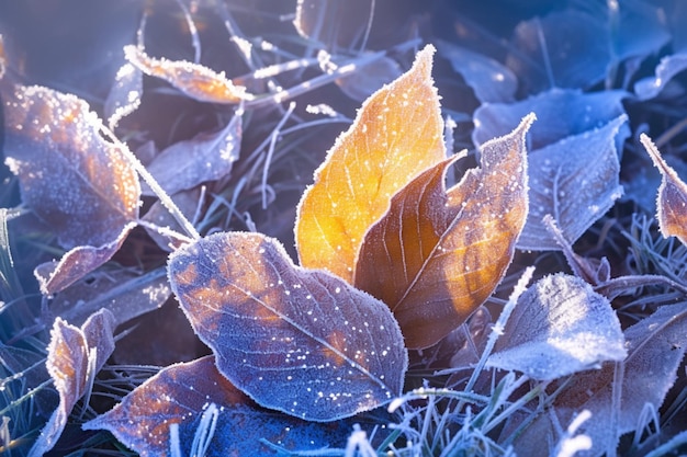 La belleza extrema del invierno Las hojas cubiertas de helada en un entorno tranquilo y nevado