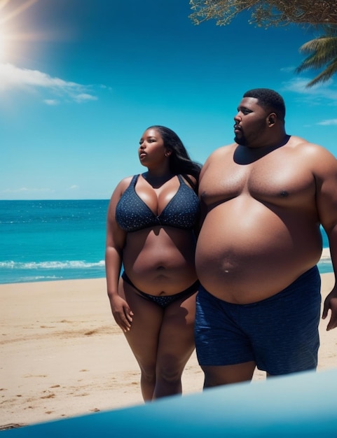 Foto belleza feliz pareja plussize modelo playa panorama de fondo