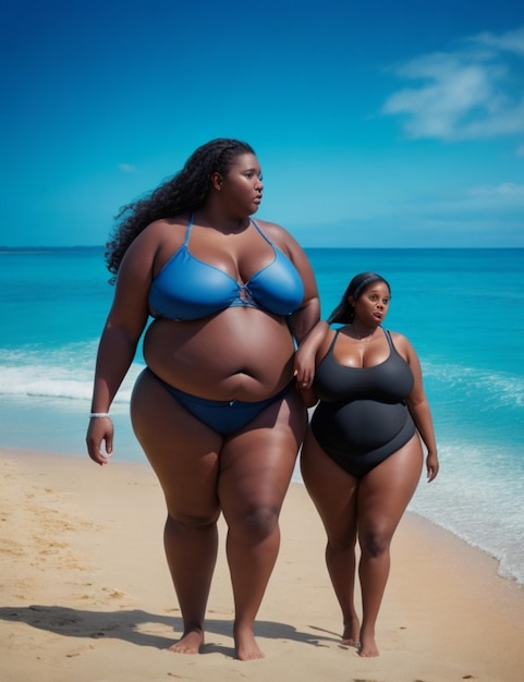 Foto belleza feliz pareja plussize modelo playa panorama de fondo