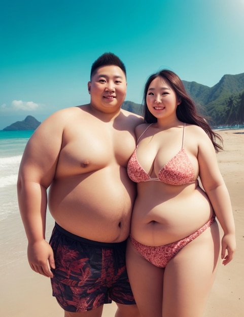 Foto belleza feliz pareja plussize modelo playa panorama de fondo