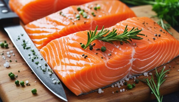 La belleza del filete de salmón crudo en la tabla de cortar