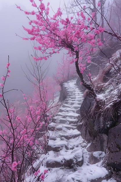 La belleza en flor, los cerezos encantadores en plena floración, pintando el paisaje con vibrantes tonos de rosa y blanco, creando una impresionante exhibición de elegancia natural y encanto primaveral.