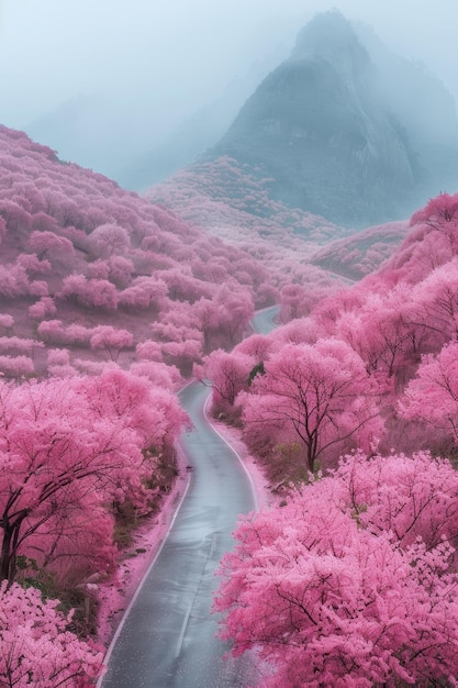 La belleza en flor, los cerezos encantadores en plena floración, pintando el paisaje con vibrantes tonos de rosa y blanco, creando una impresionante exhibición de elegancia natural y encanto primaveral.