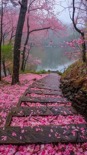 La belleza en flor, los cerezos encantadores en plena floración, pintando el paisaje con vibrantes tonos de rosa y blanco, creando una impresionante exhibición de elegancia natural y encanto primaveral.