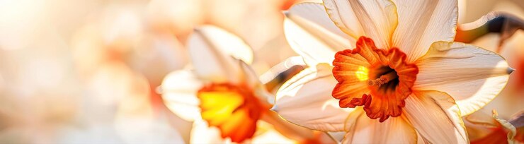 Belleza en flor Closeup de pétalos de narcisos con luz solar filtrando a través del espacio de copia para el texto Tema del día del narcisos