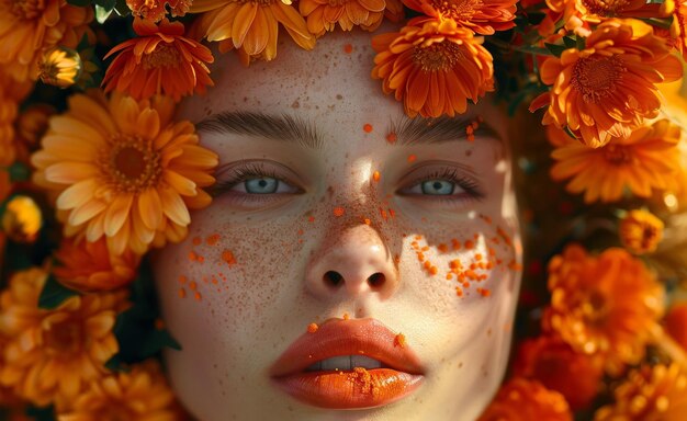 Belleza en flor en inmersión floral retrato de una mujer joven en flores de naranja