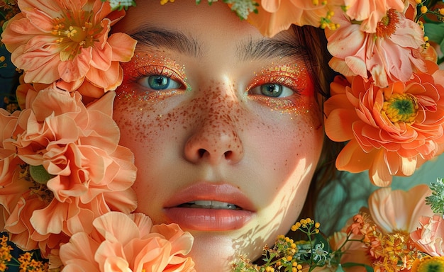 Belleza en flor en inmersión floral retrato de una mujer joven en flores de naranja