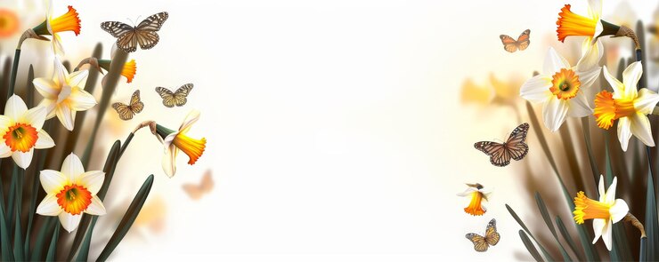 Belleza en flor Narcisos y mariposas Ilustración con espacio de copia Profundidad de campo para el tema del Día del Narciso