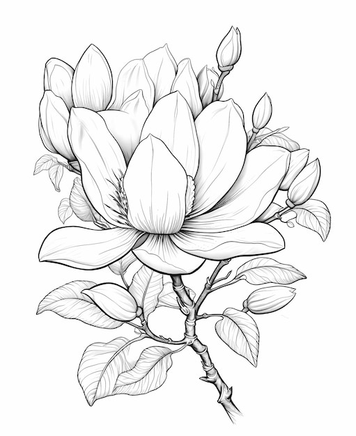 Belleza en flor Árbol de magnolia Página para colorear con flores grandes para niños