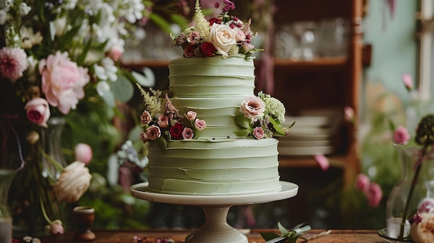 La belleza en flor romántica de la salvia verde pastel de boda con rosas